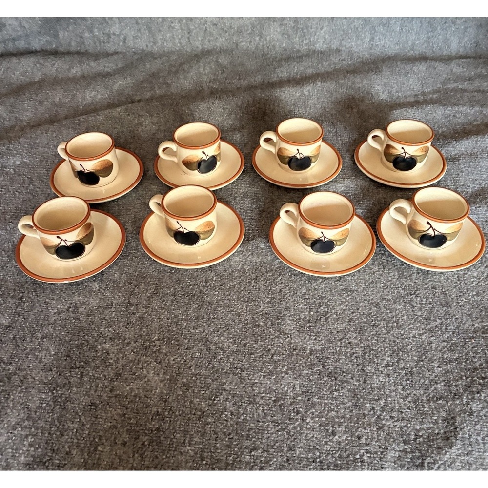 VTG 70s Waechtersbach Teacups And Saucers Set‎ Of 8 Plum Leaf 4 Oz West Germany